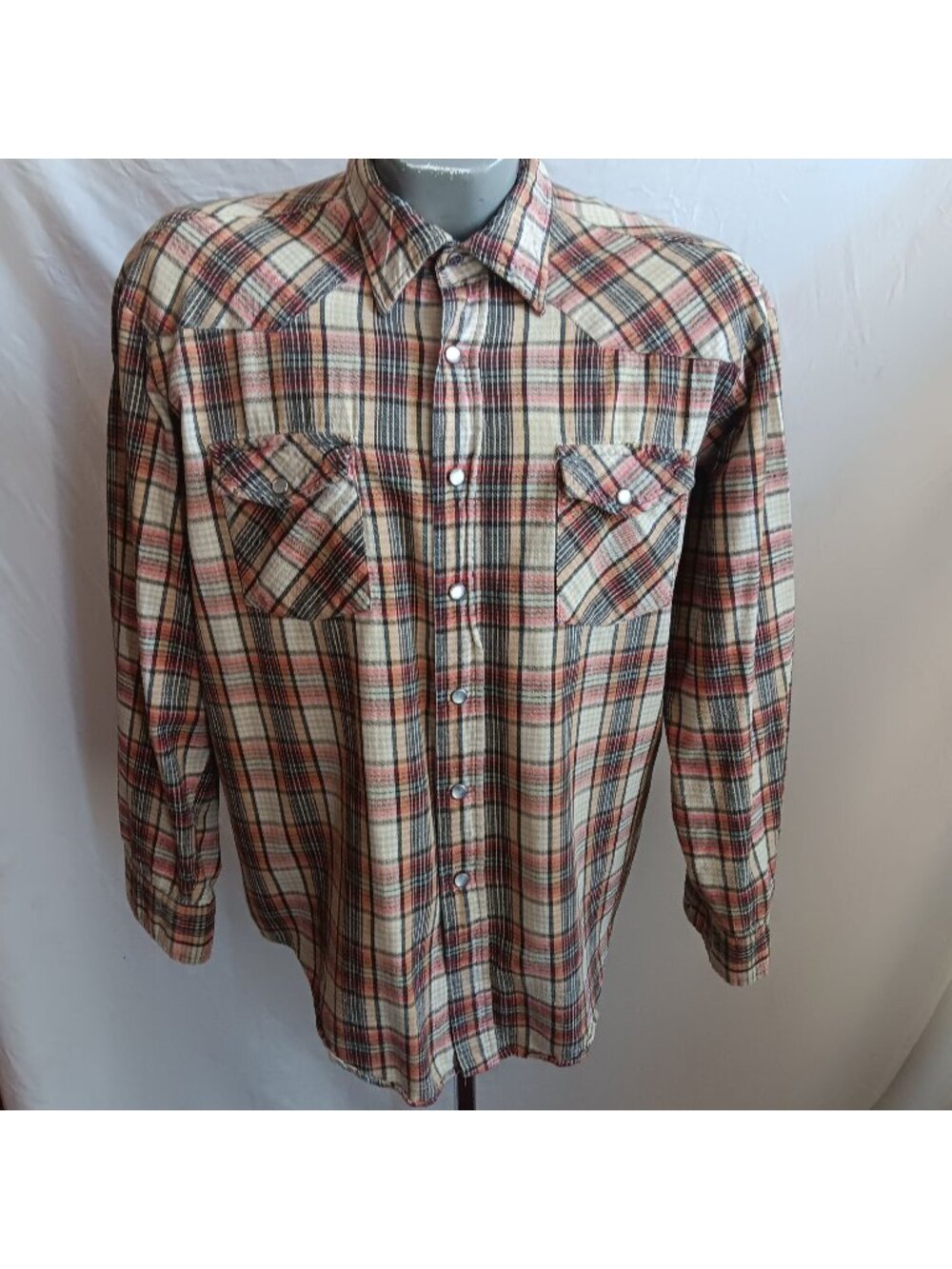 XL Vintage Flannel Western Shirt Men's 1980's Plaid Snap Lariat Hong Kong